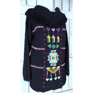80s vintage black knit tribal beaded pullover slouchy sweater
